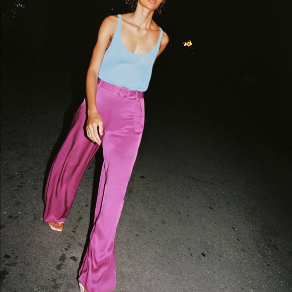 Zara | Pants u0026 Jumpsuits | Zara Purple Satin Effect Belted Pants Xxl |  Poshmark